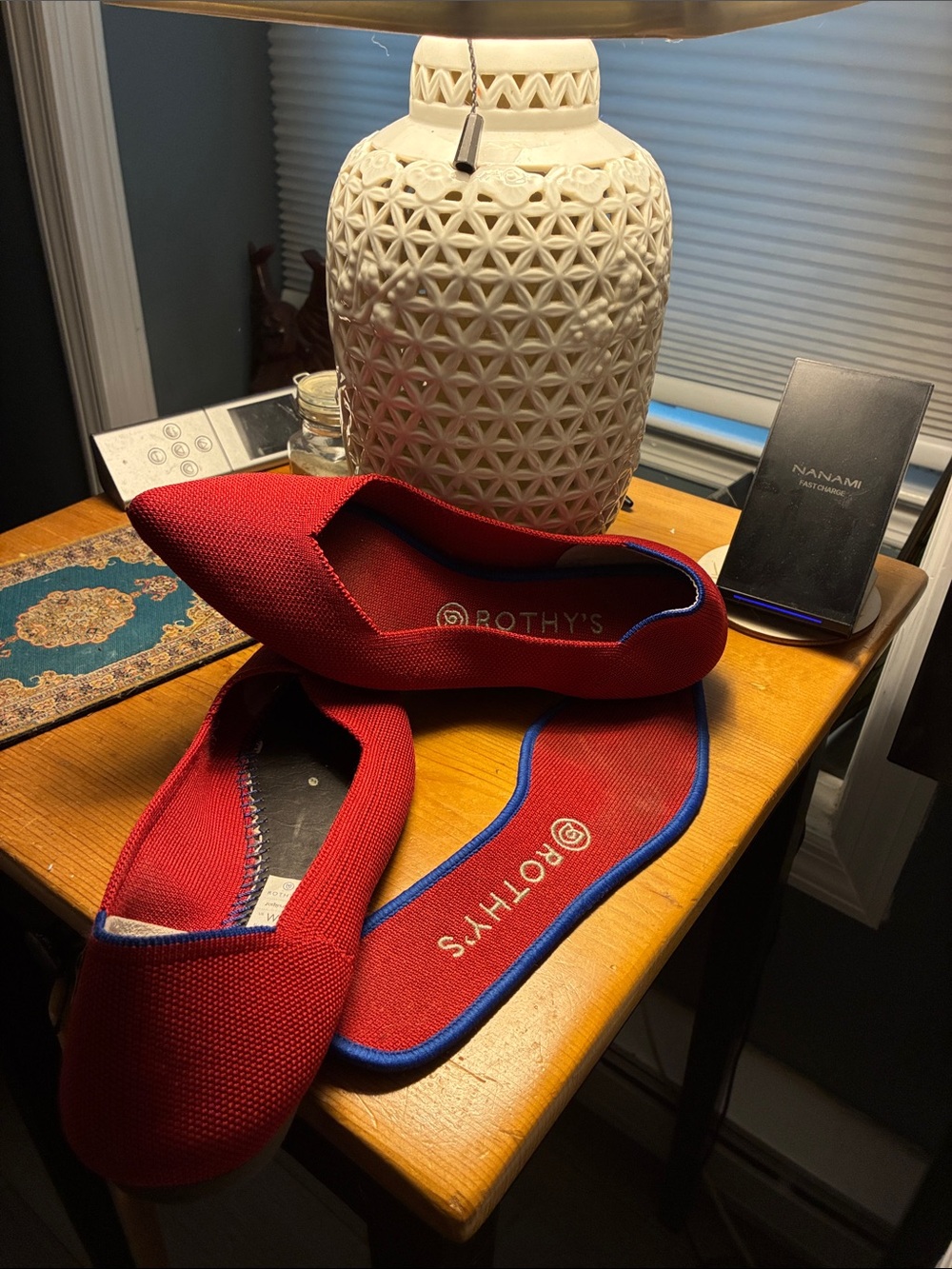 Rothy's Red Knit Flats with Blue Trim